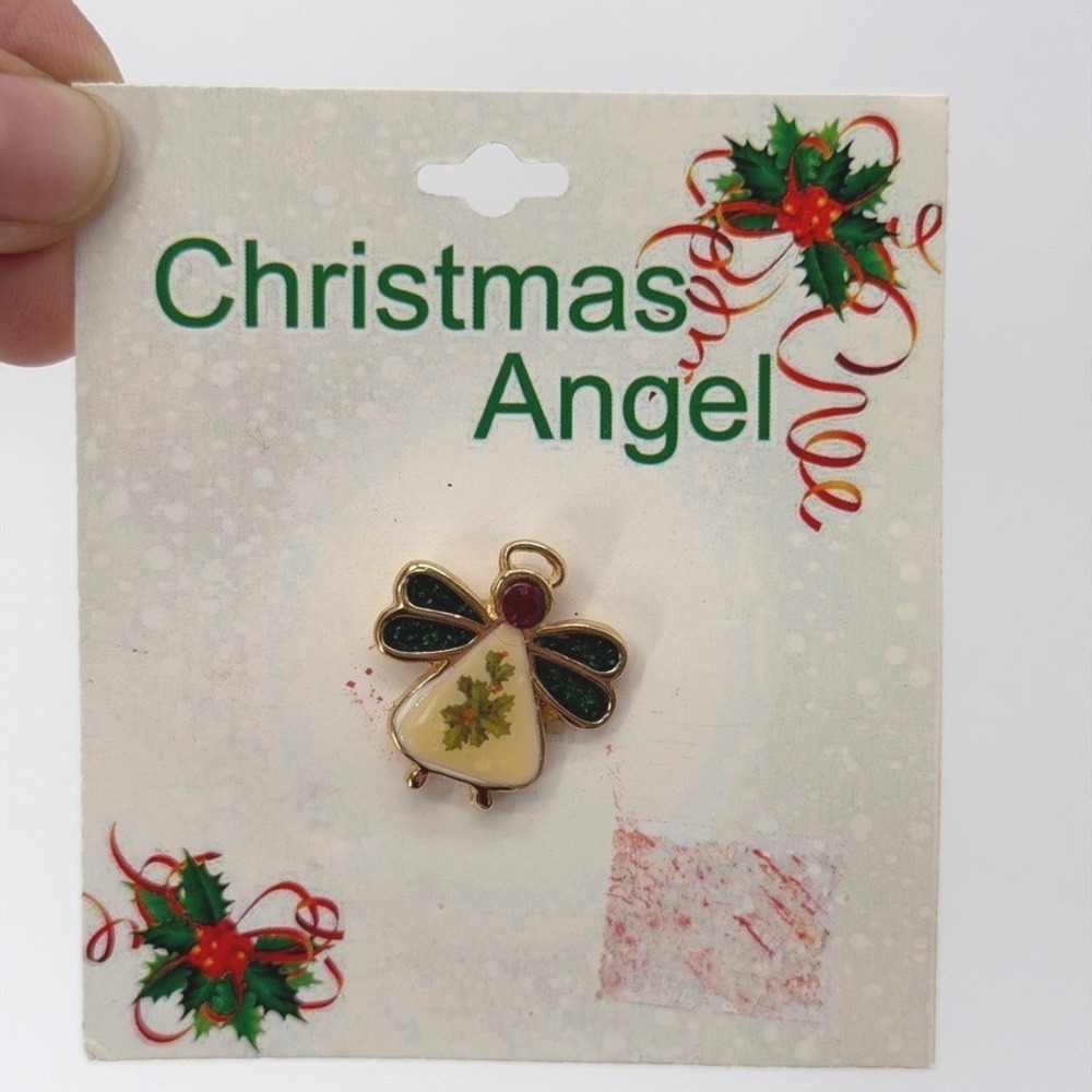 Christmas Angel Pin Brooch Jeweled Enamel Glitter Gold Green Red Holly Small